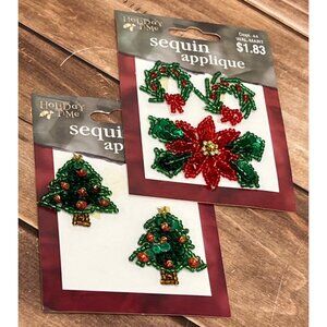 2 Holiday Time Sequin Applique Wreath Poinsettia Christmas Tree EMBELLISHMENT